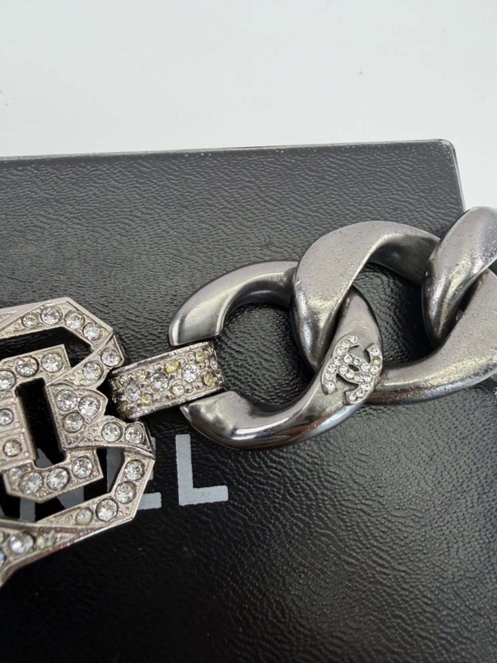CHANEL Ruthenium Gunmetal and Crystal Art Deco Bracelet with CC Charm - Picture 6 of 14